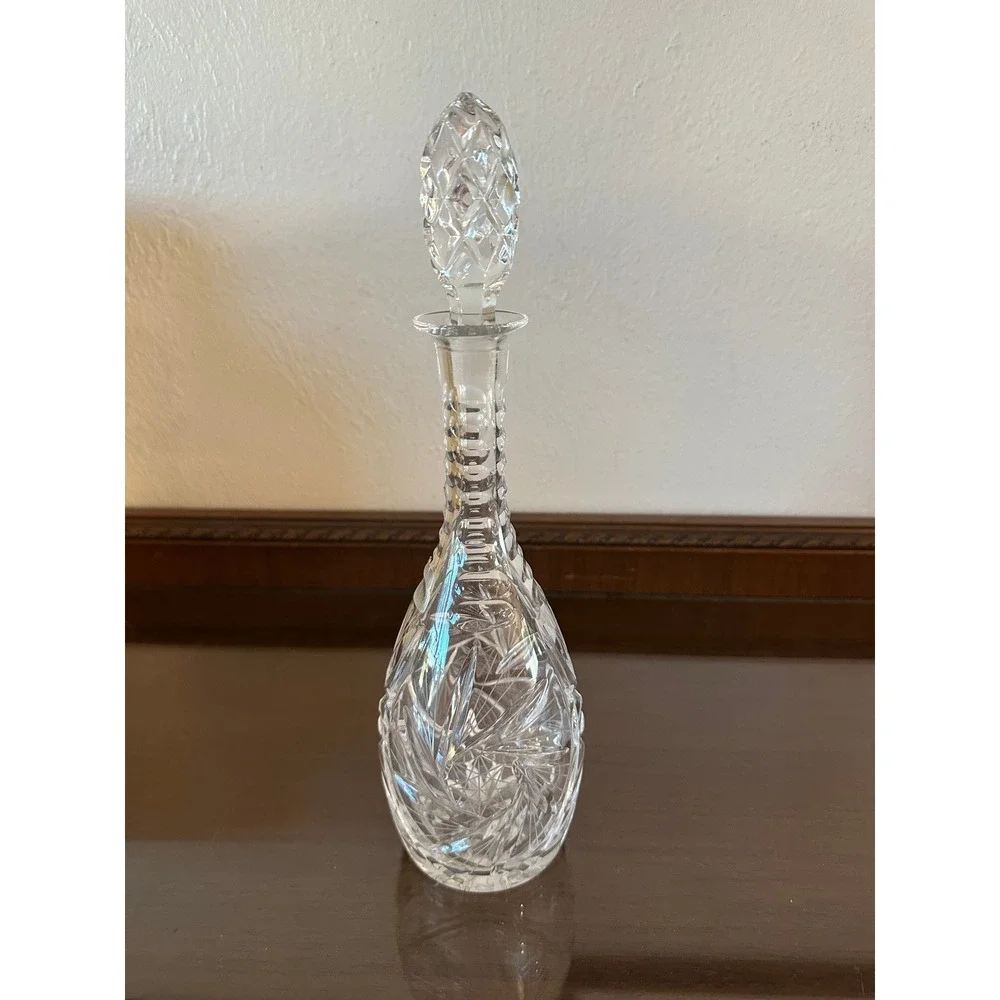 Vtg Pinwheel Cut Crystal Decanter with Stopper 13'' Germany Barware Clear Glass